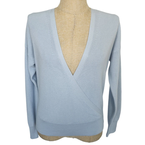 Banana Republic Forever Wrap Sweater Large Pale Blue Deep V-Neck Long Sleeve New - Picture 1 of 7